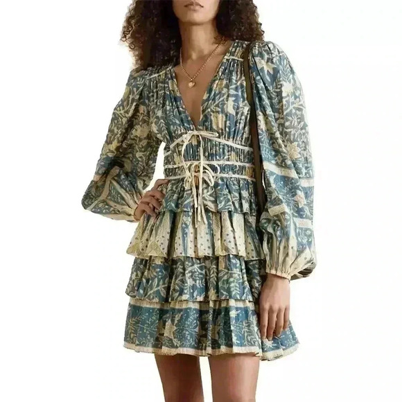 Ulla Johnson Dress Nina Floral Print Mini Ruffle Tiered Corset Tie 6 Blue NWT - Picture 1 of 8